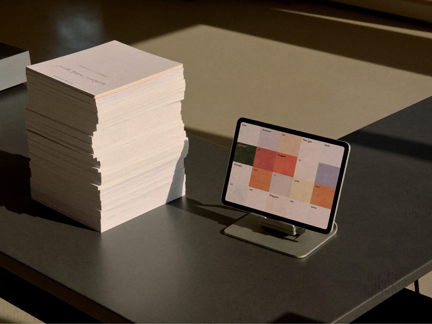 Paper job sheets on a spike beside a tablet showing a schedule