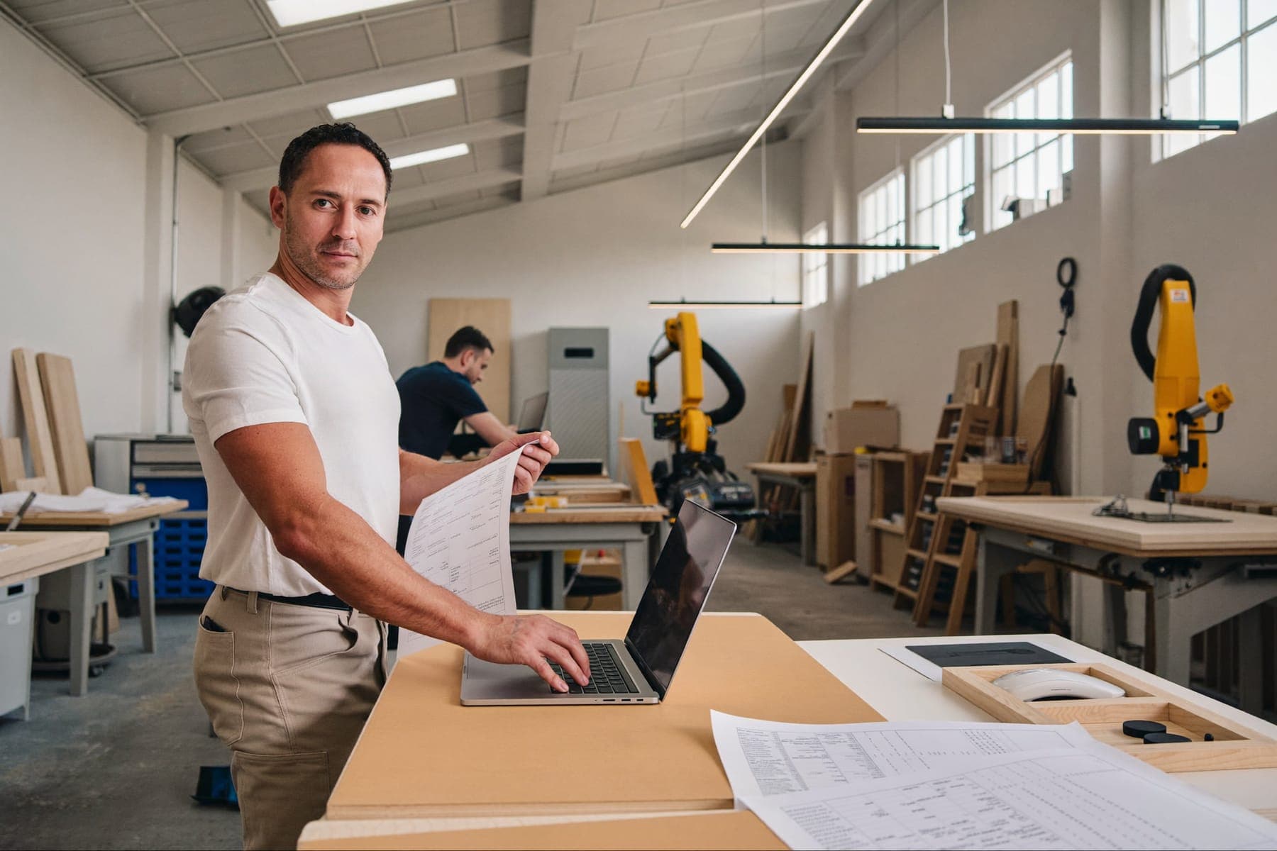 Owner of a Northern Ireland joinery workshop at a workbench with paperwork and a laptop