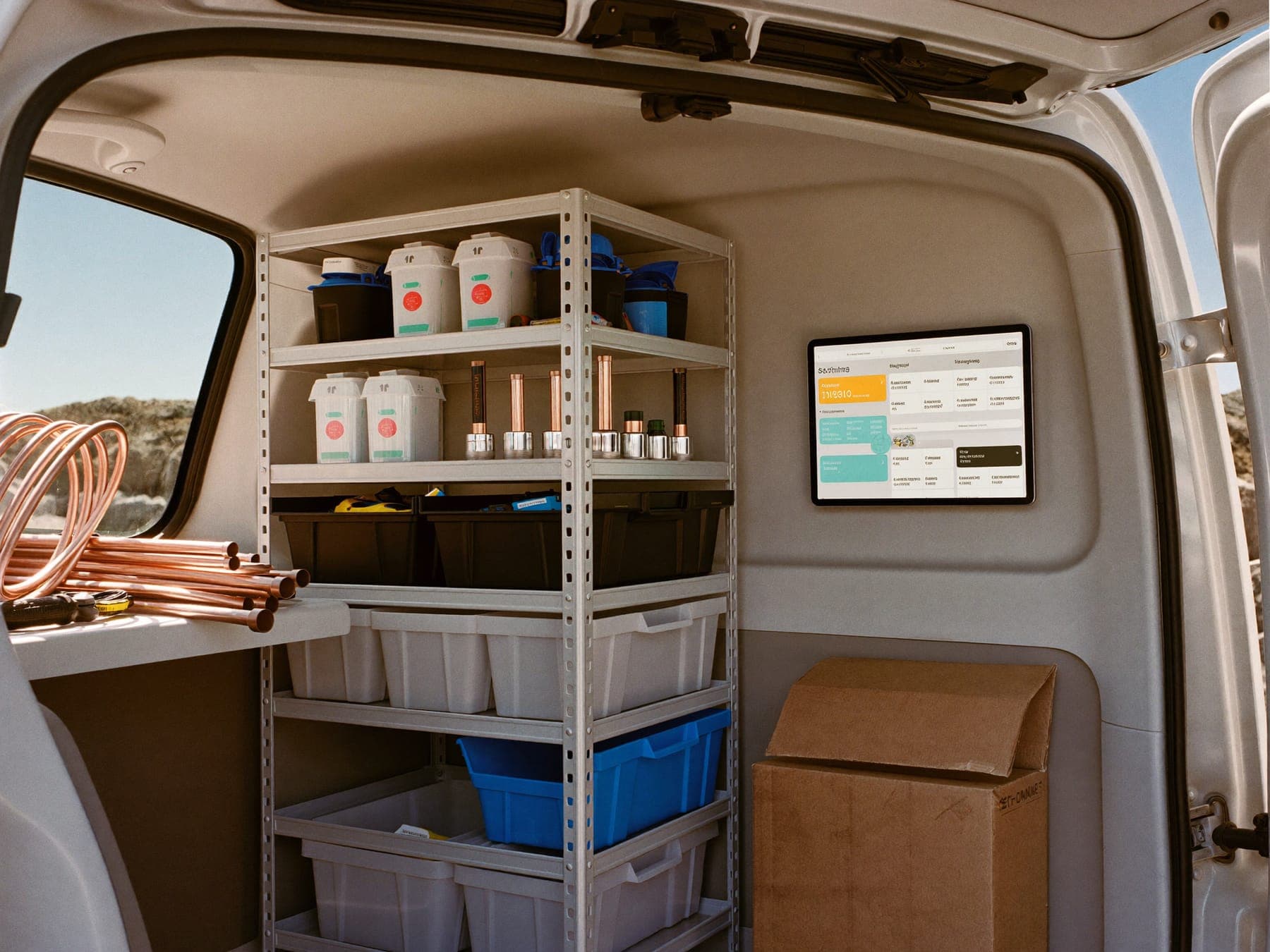 Heating engineer's van with boiler service tools laid out