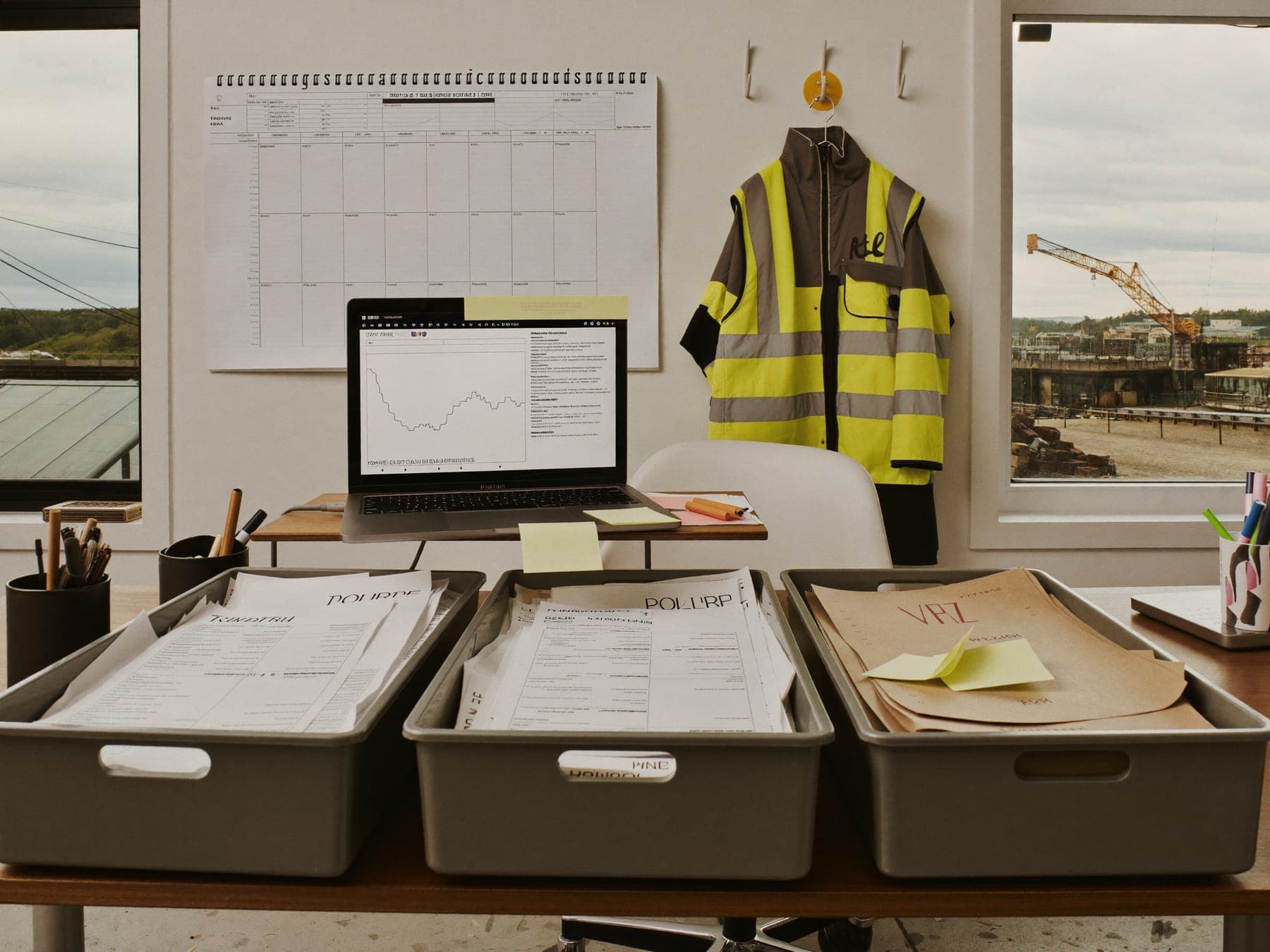 Paper invoices and a wall planner in a site office